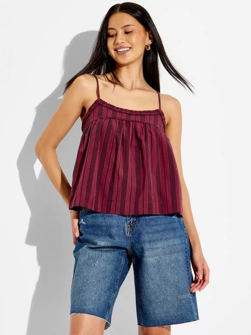 Womenās XS Trapeze Babydoll Ruffle Cami From Wild Fable -Dark Red Striped